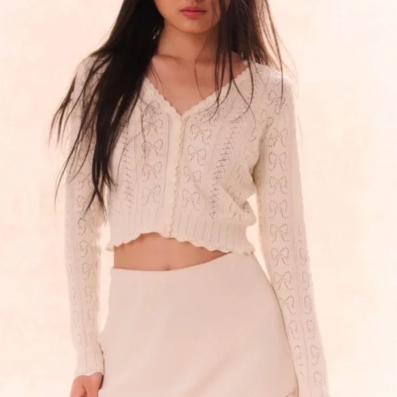 BEST NWT LoveShackFancy Petra Bow Pointelle Cropped Cardigan Ivory White Knit - Picture 3 of 10